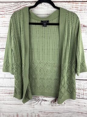 Womens Yarn Art Green Pointelle Knit Open Short Sleeve Lightweight Cardigan Sz L
